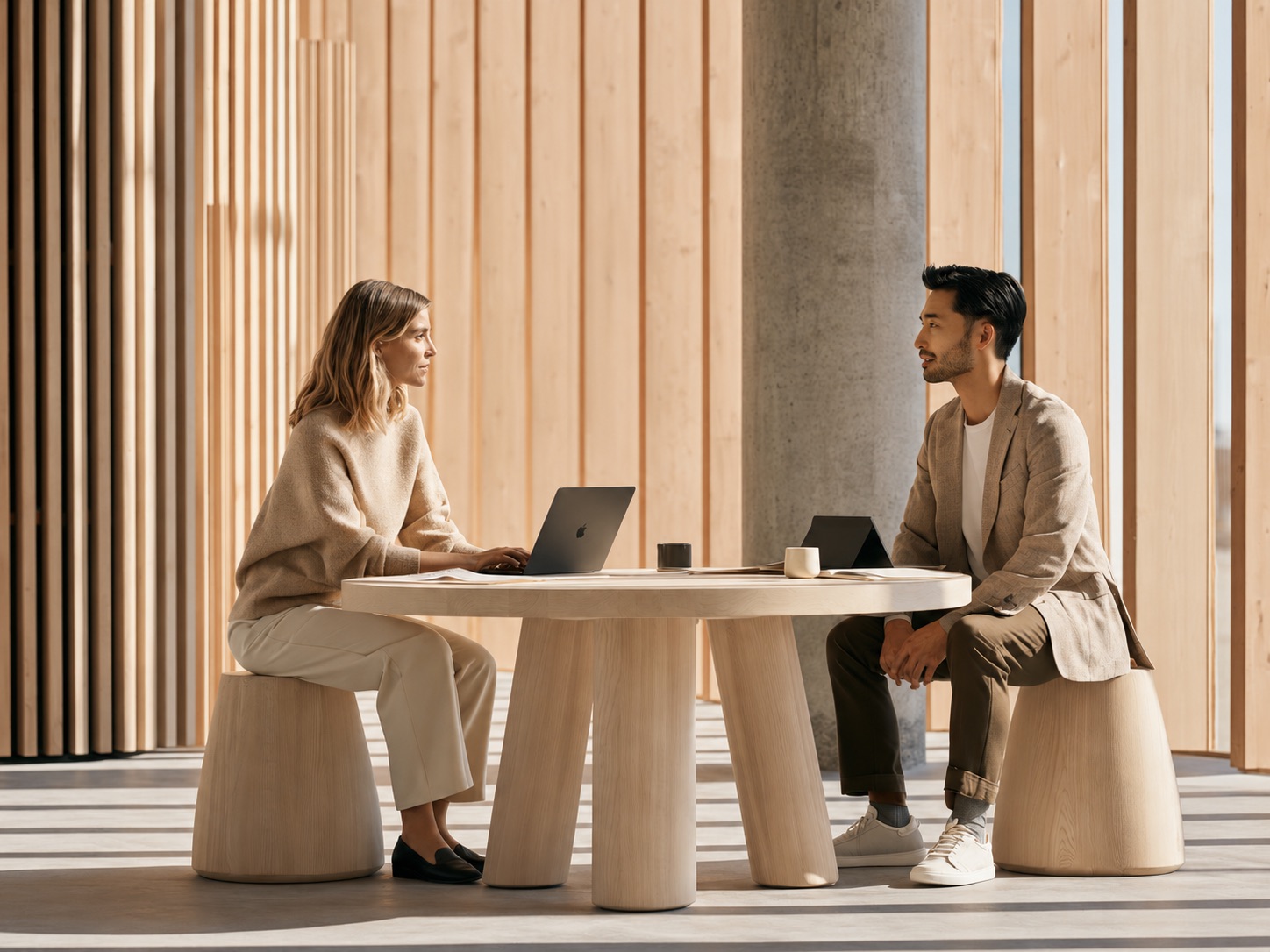 Two colleagues in conversation at a desk