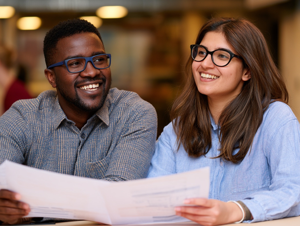 Two people reviewing printed decision evidence